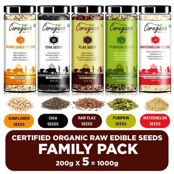 Coreganic Certified Raw Edible Seeds family Pack (Flax,Chia,Pumpkin,Sunflower & Watermelon) Brown Flax Seeds, Chia Seeds, Sunflower Seeds, Pumpkin Seeds, Watermelon Seeds