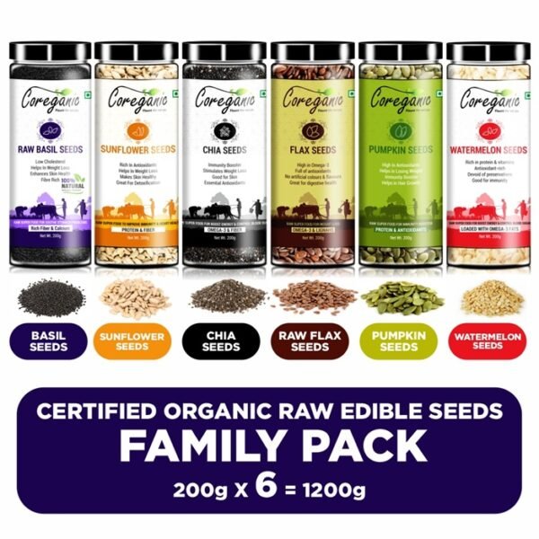 Coreganic Certified Raw Edible Seeds Family Value Pack (Flax,Chia,Pumpkin,Sunflower,Basil & Watermelon) Brown Flax Seeds, Chia Seeds, Sunflower Seeds, Watermelon Seeds, Pumpkin Seeds, Basil Seeds