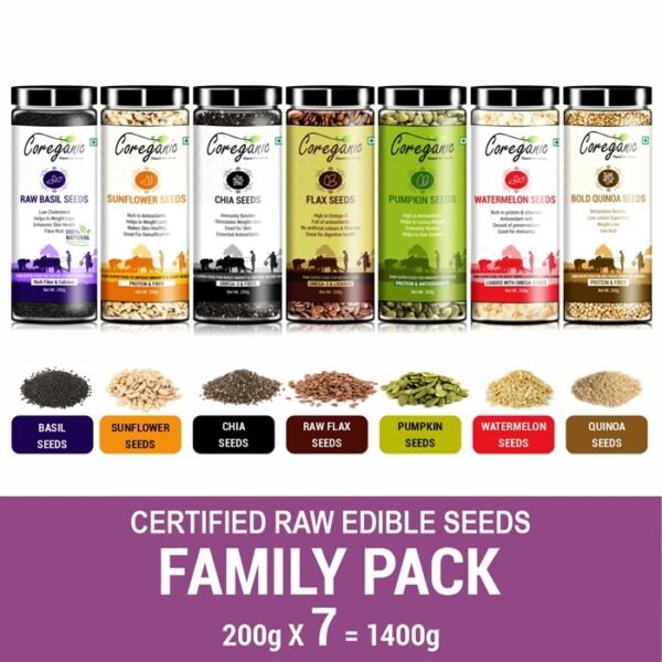 Coreganic Certified Raw Edible Seeds Family Value Pack (Flax,Chia,Pumpkin,Sunflower,Basil,Watermelon & Quinoa Seeds Chia Seeds, Brown Flax Seeds, Sunflower Seeds, Watermelon Seeds, Pumpkin Seeds, Basil Seeds, Quinoa Seeds