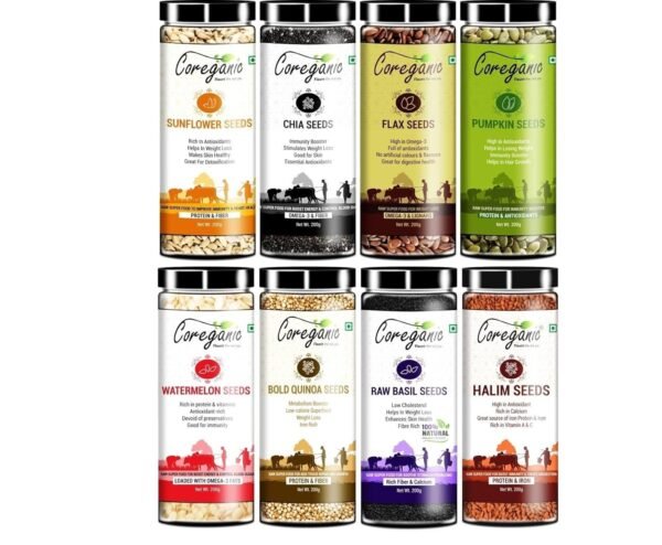 Coreganic Certified Raw Edible Seeds Family pack (Flax,Chia,Pumpkin,Sunflower,Basil,Watermelon,Quinoa Seeds & Halim Seed) Brown Flax Seeds, Chia Seeds, Garden Cress Seeds, Pumpkin Seeds, Quinoa Seeds, Sunflower Seeds, Basil Seeds, Watermelon Seeds